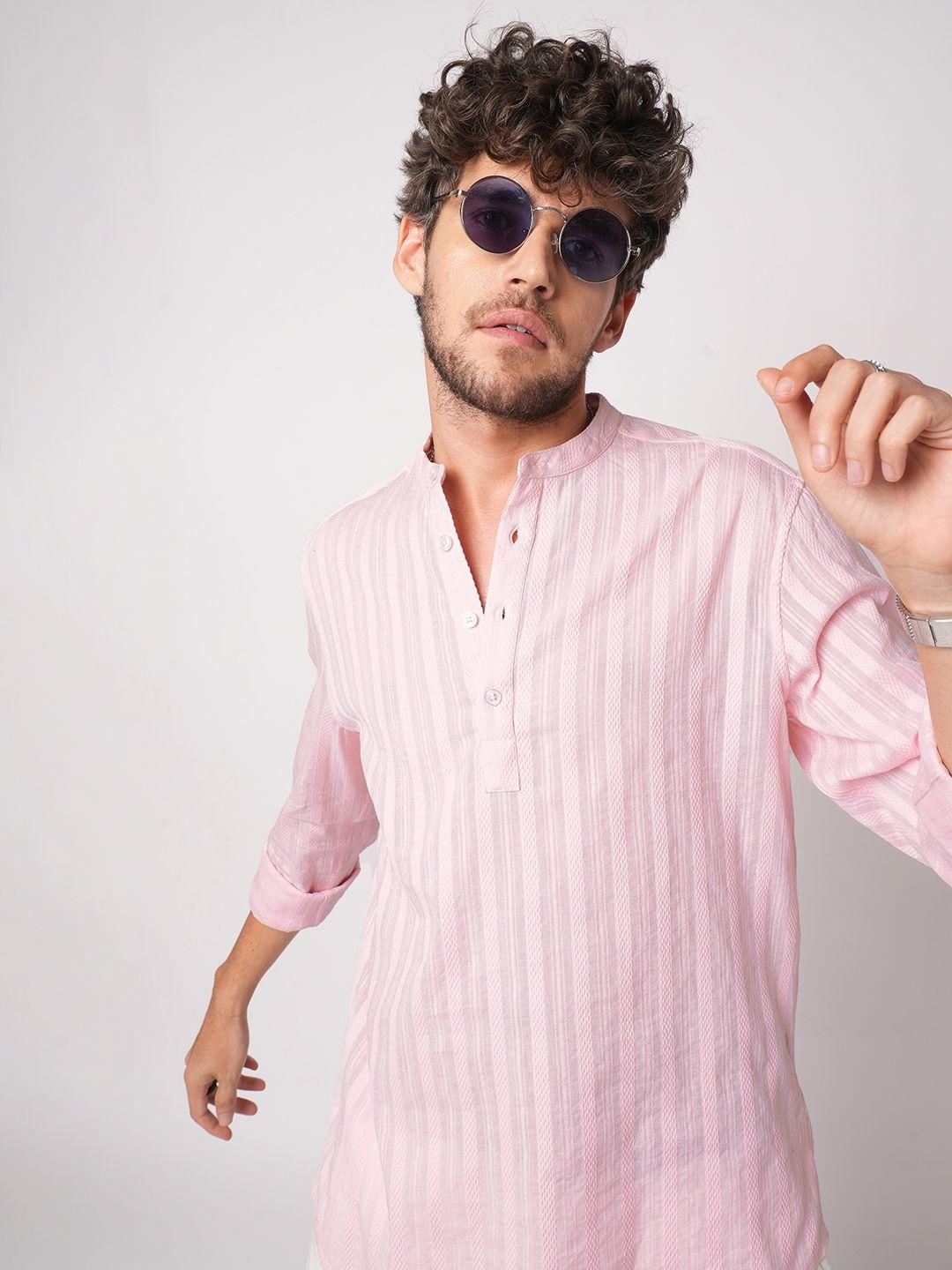 VASTRADO Men Pink Striped Cotton Kurta - Image 1