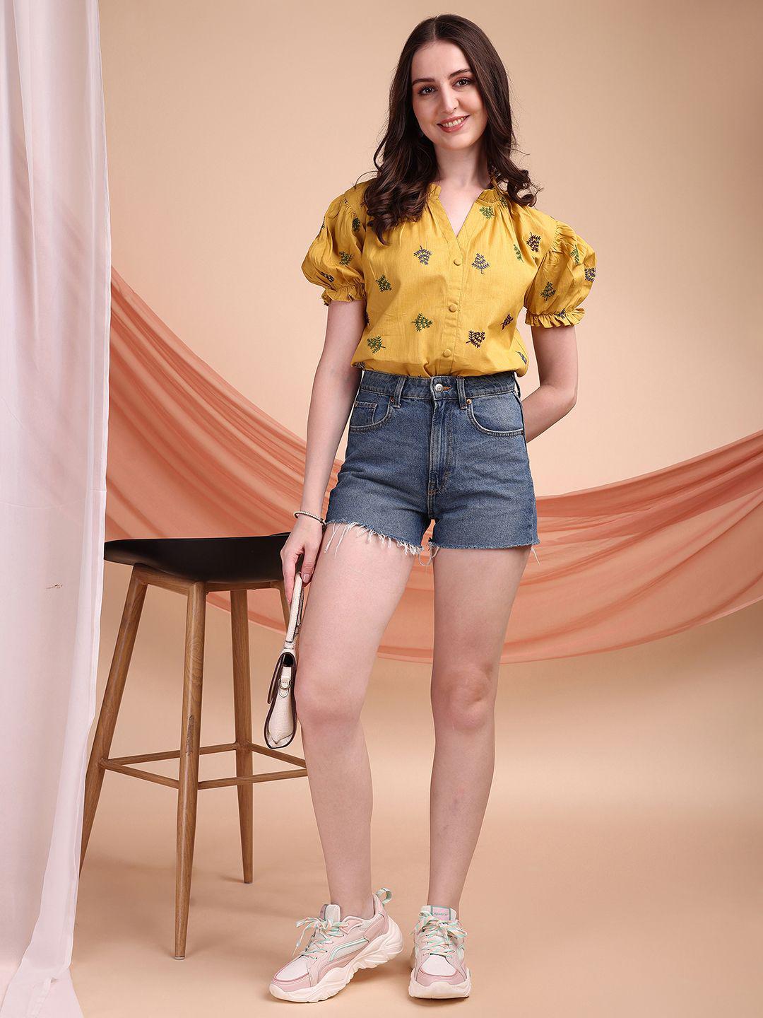 Buy Kinjo Floral Embroidered Puff Sleeve Mandairan Collar