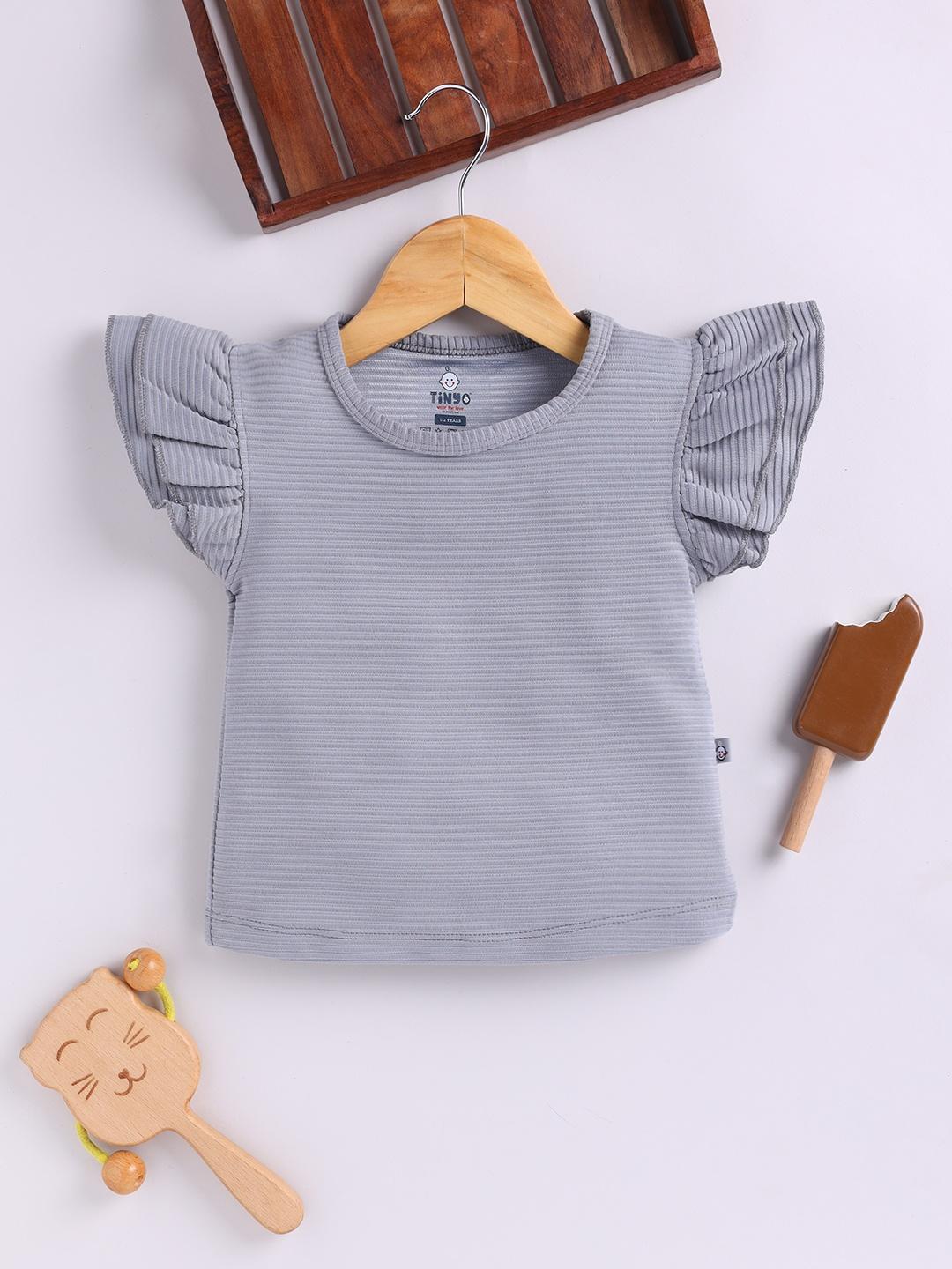 トップス YK Buy YK X Tinyo Self Striped Flutter Sleeve Cotton Top - Tops for