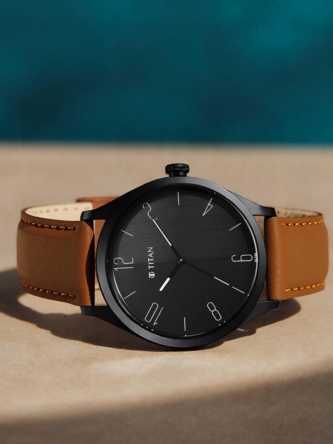 Buy Titan Men Black Brass Dial Brown Leather Straps Analogue