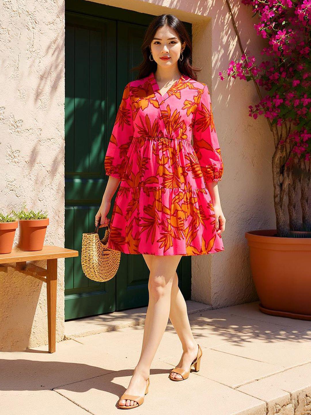 Buy ZUMMER Women Floral Printed Puff Sleeve Cotton Wrap Mini Dress