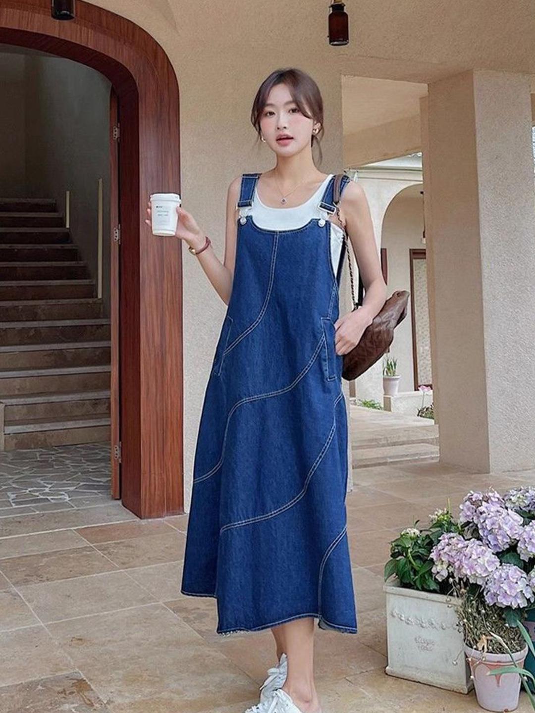 Buy StyleCast x Revolte Denim Pinafore Midi Dress - Dresses for