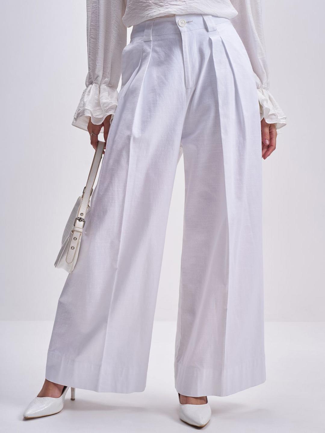CHIC BY TOKYO TALKIES Women Solid Wide Leg Cotton Trousers - Image 1