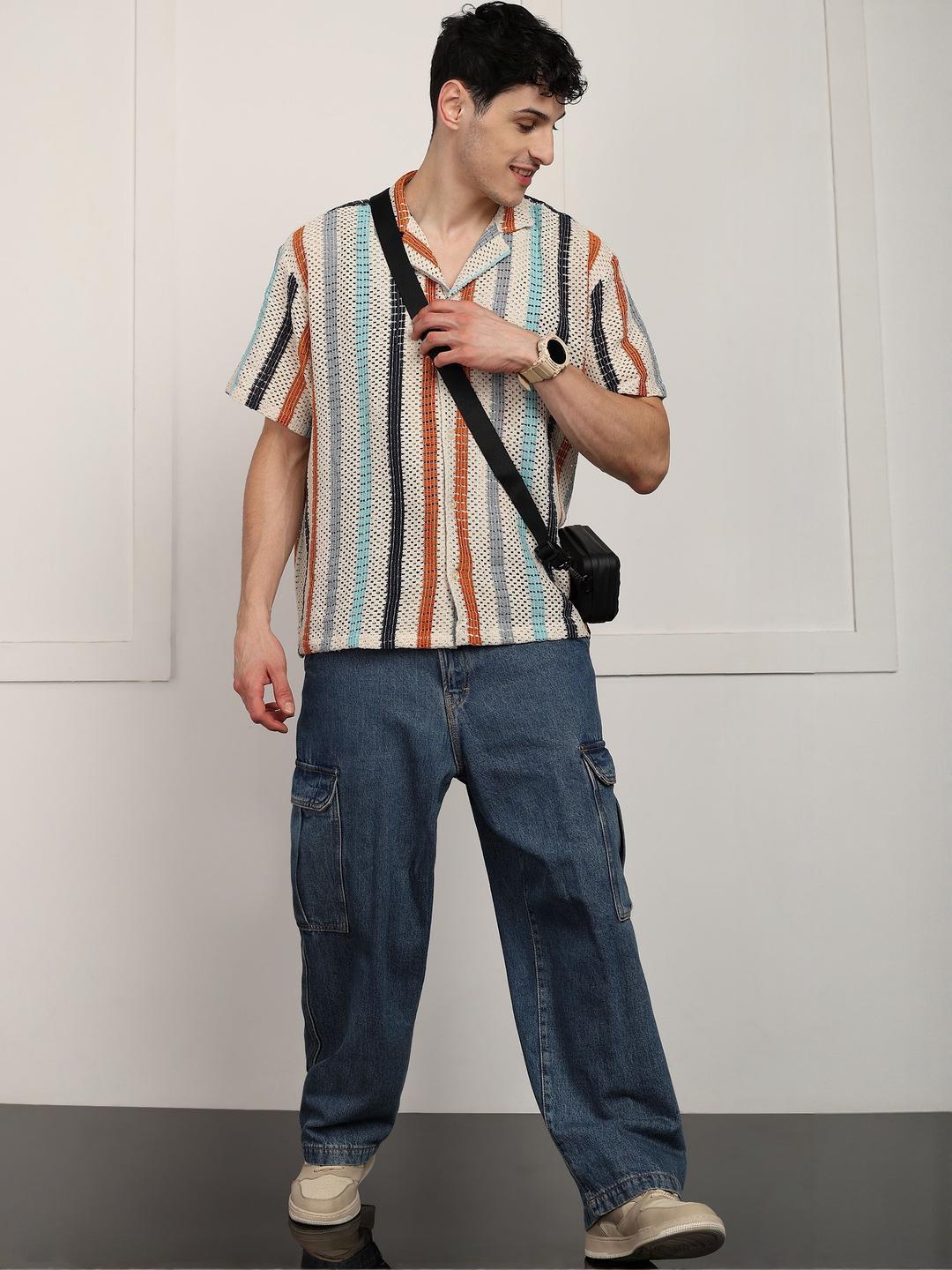 Roadster Beige & Black Striped Cuban Collar Cotton Shirt - Image 1