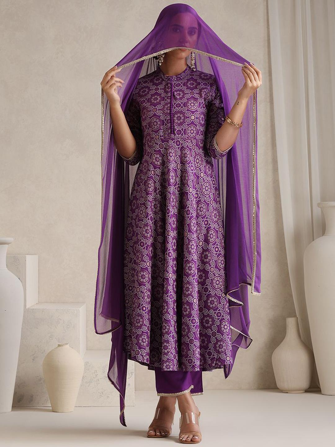 Khushal K Floral Printed Mandarin Collar Kurta With Palazzos & Dupatta - Image 1