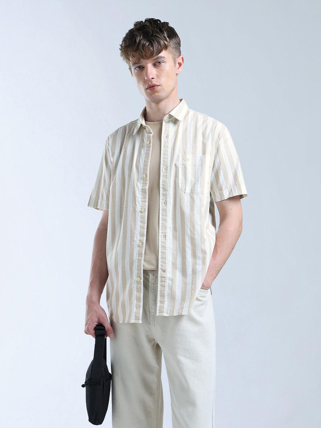 Buy Flying Machine Vertical Striped Spread Collar Cotton Casual