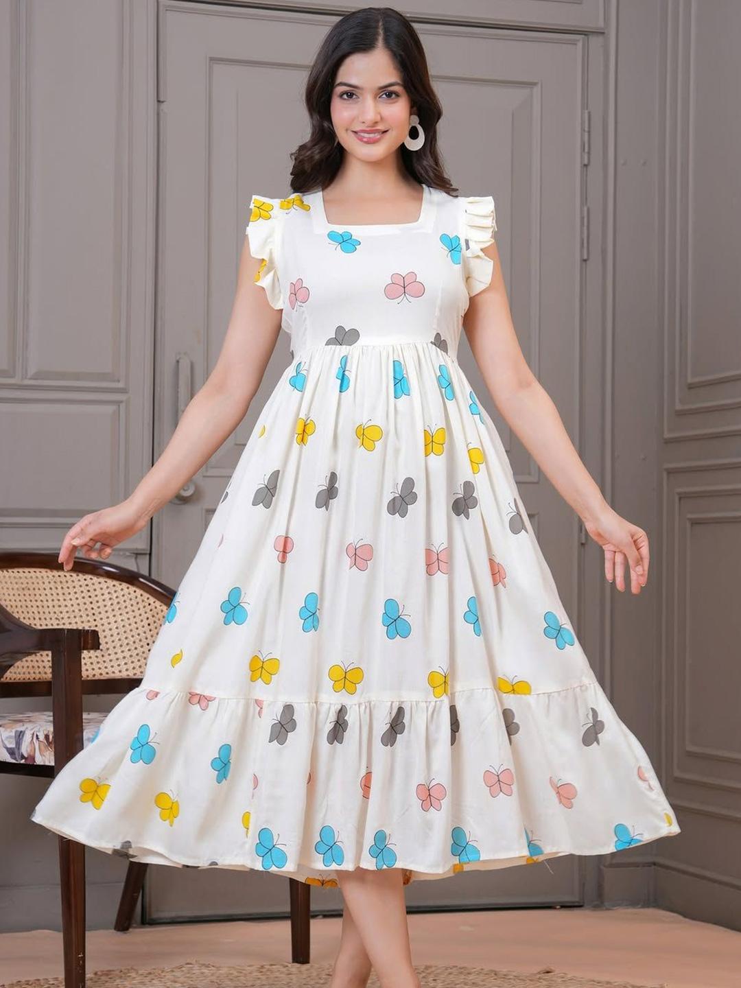 Buy Milastru Butterfly Print Flutter Sleeve Fit & Flare Midi Dress
