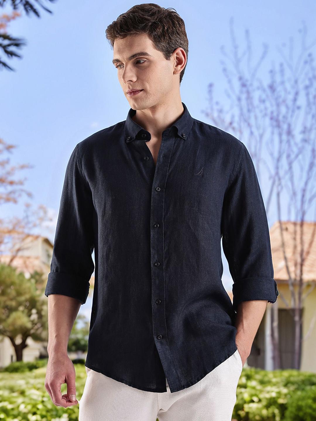 Nautica Men Solid Linen Casual Shirt