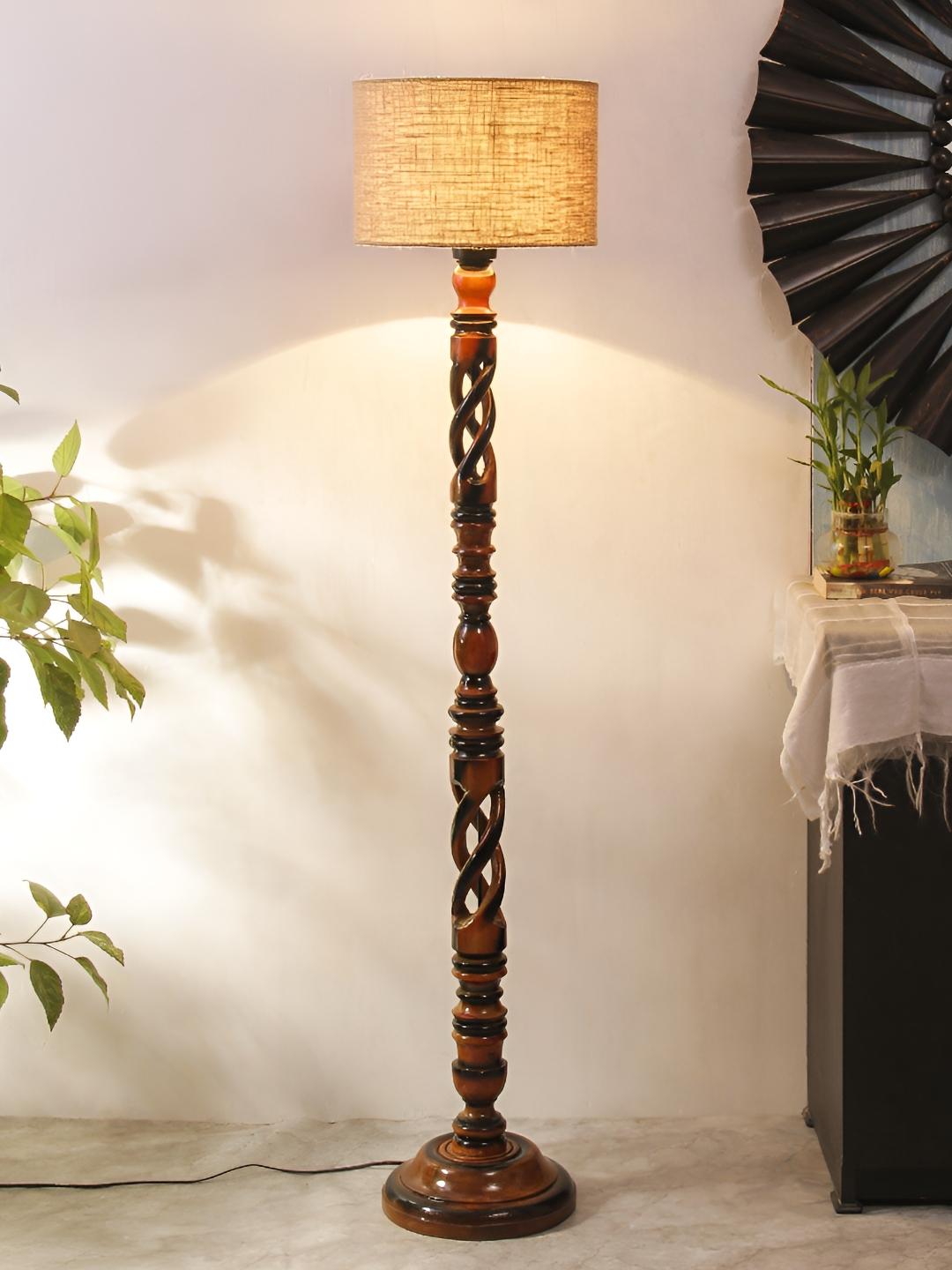 Buy Devansh Brown & Beige Wooden Floor Lamp With Shade - Floor