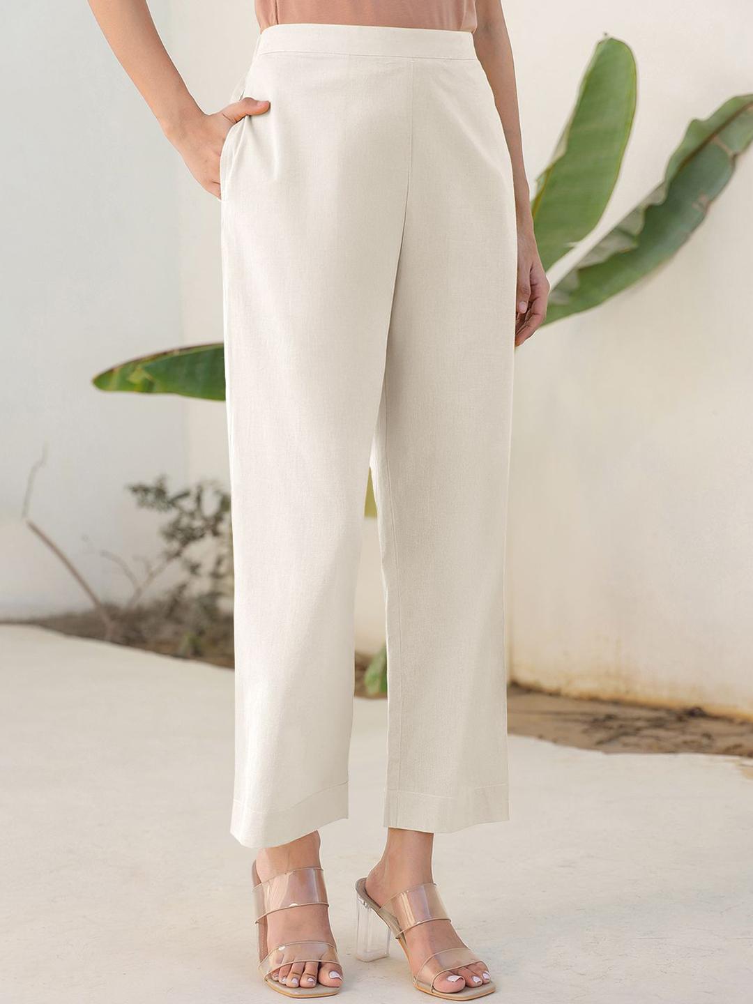 Buy Janasya Women's Off White Linen Cotton Solid Staright Pant