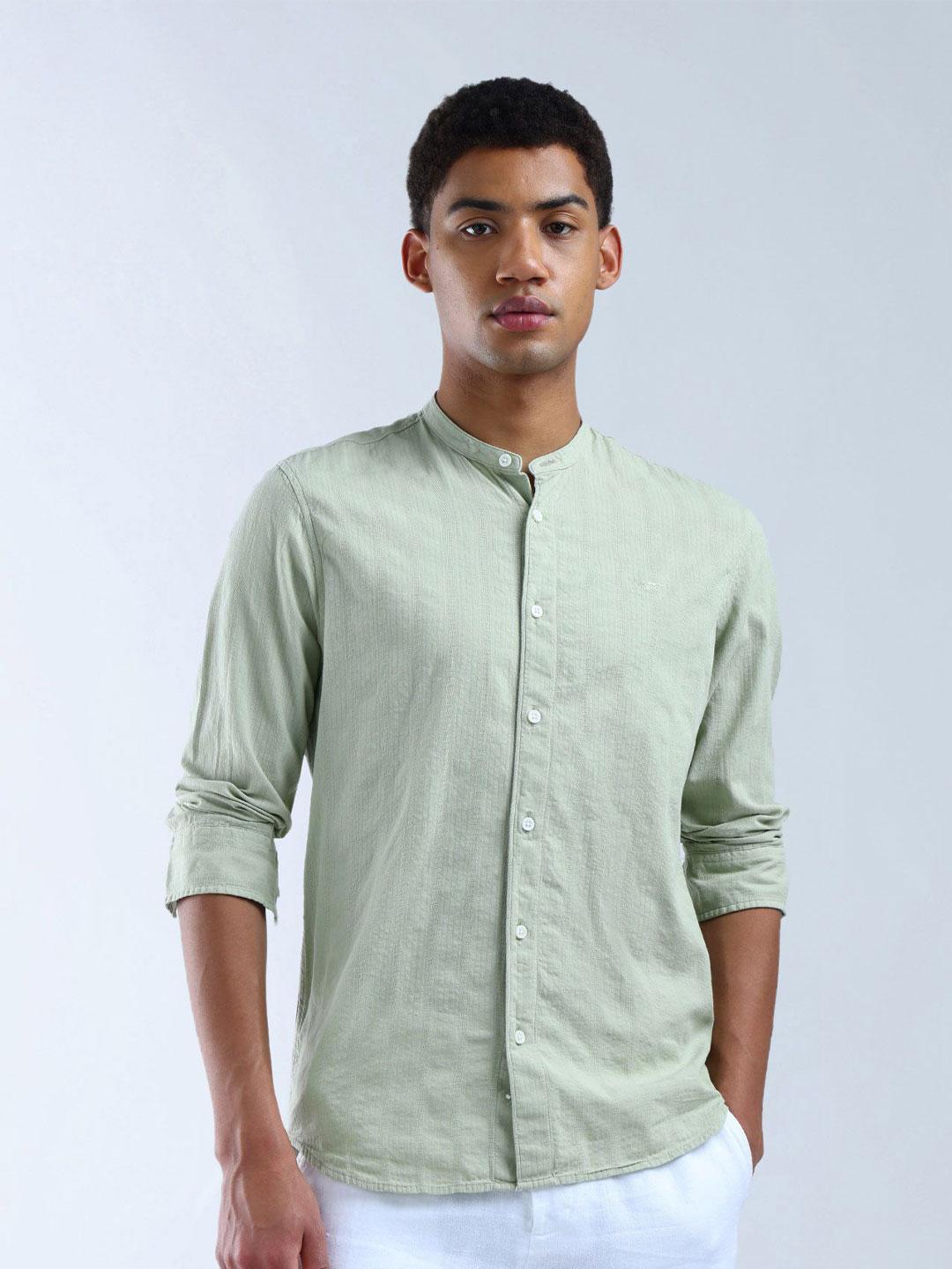 Flying Machine Men Slim Fit Mandarin Collar Cotton Shirt - Image 1