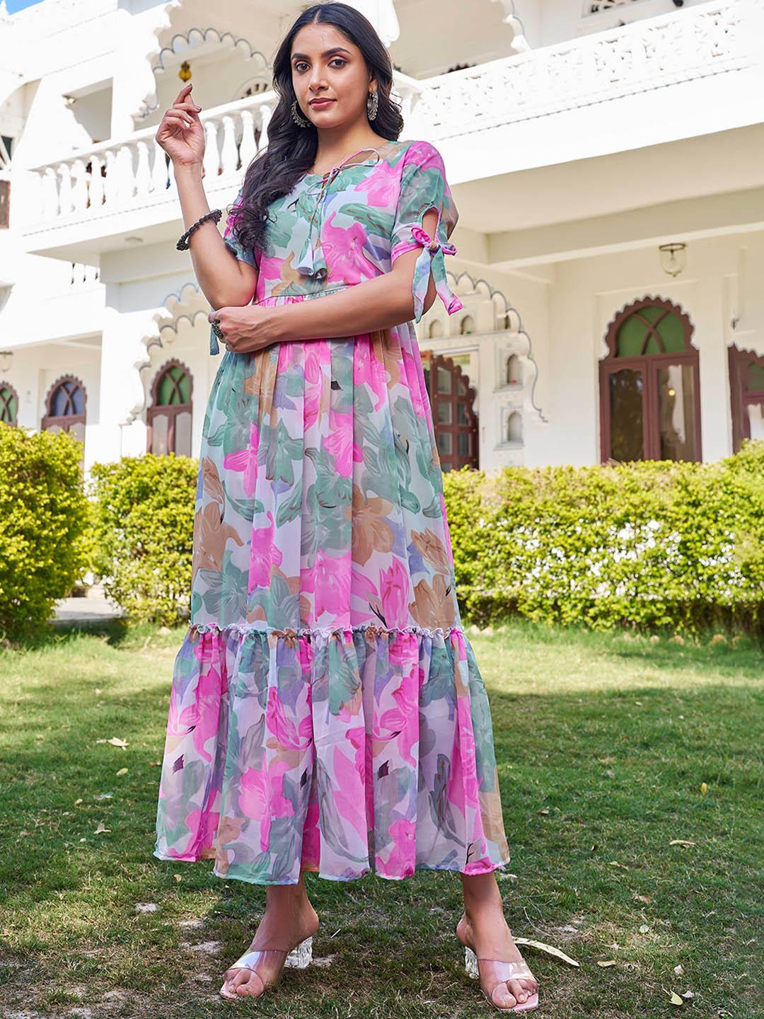 Buy SHOPGARB Floral Printed Tie-Up Neck Fit And Flare Georgette
