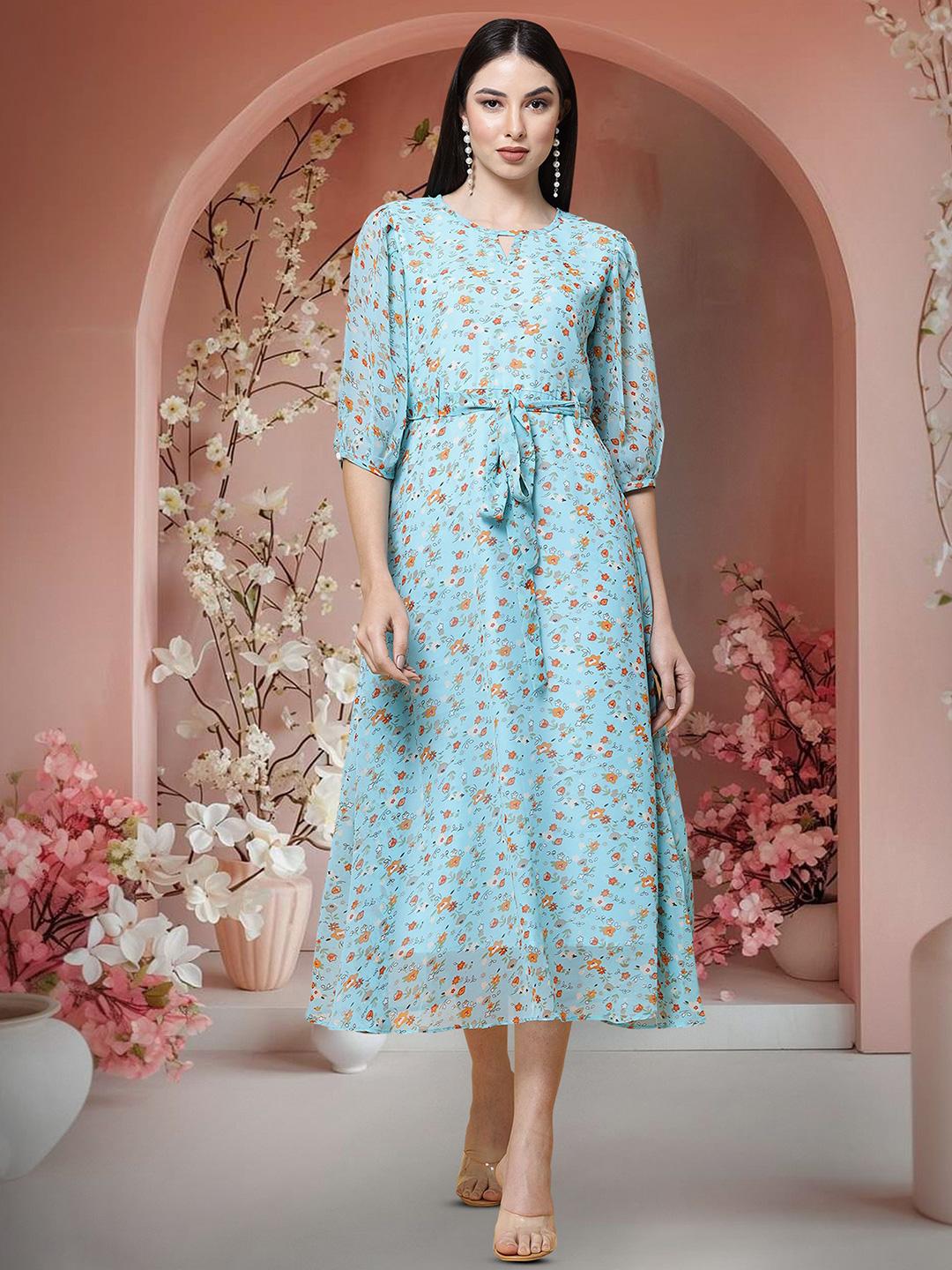 Buy SZN Floral Printed Cuffed Sleeves Fit & Flare Midi Dress