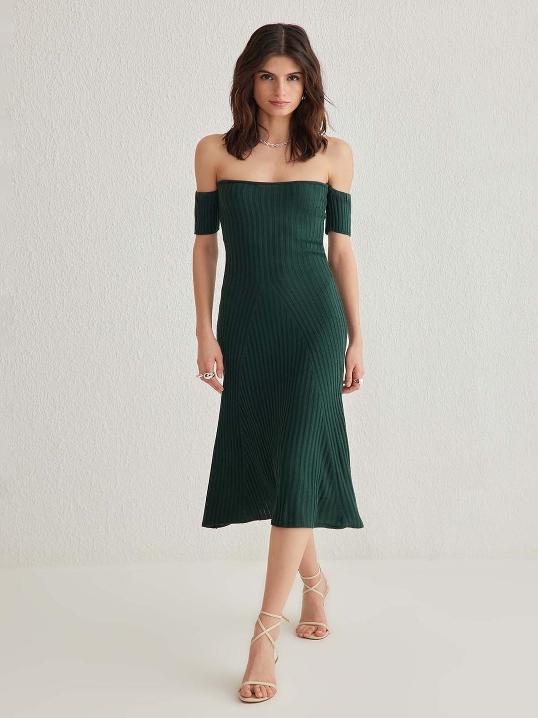 Trendyol Zmrt Yeili Women Off-Shoulder A-Line Midi Dress