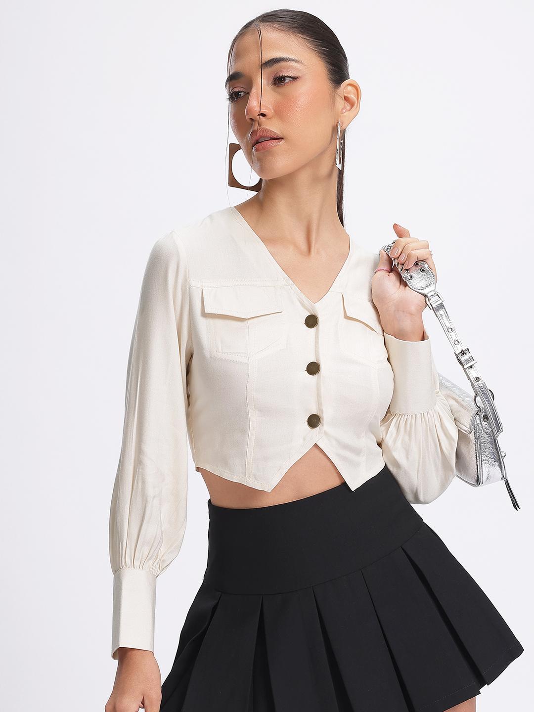 Buy glitchez Snatched Fit Pocketed Shirt Style Crop Top - Tops for