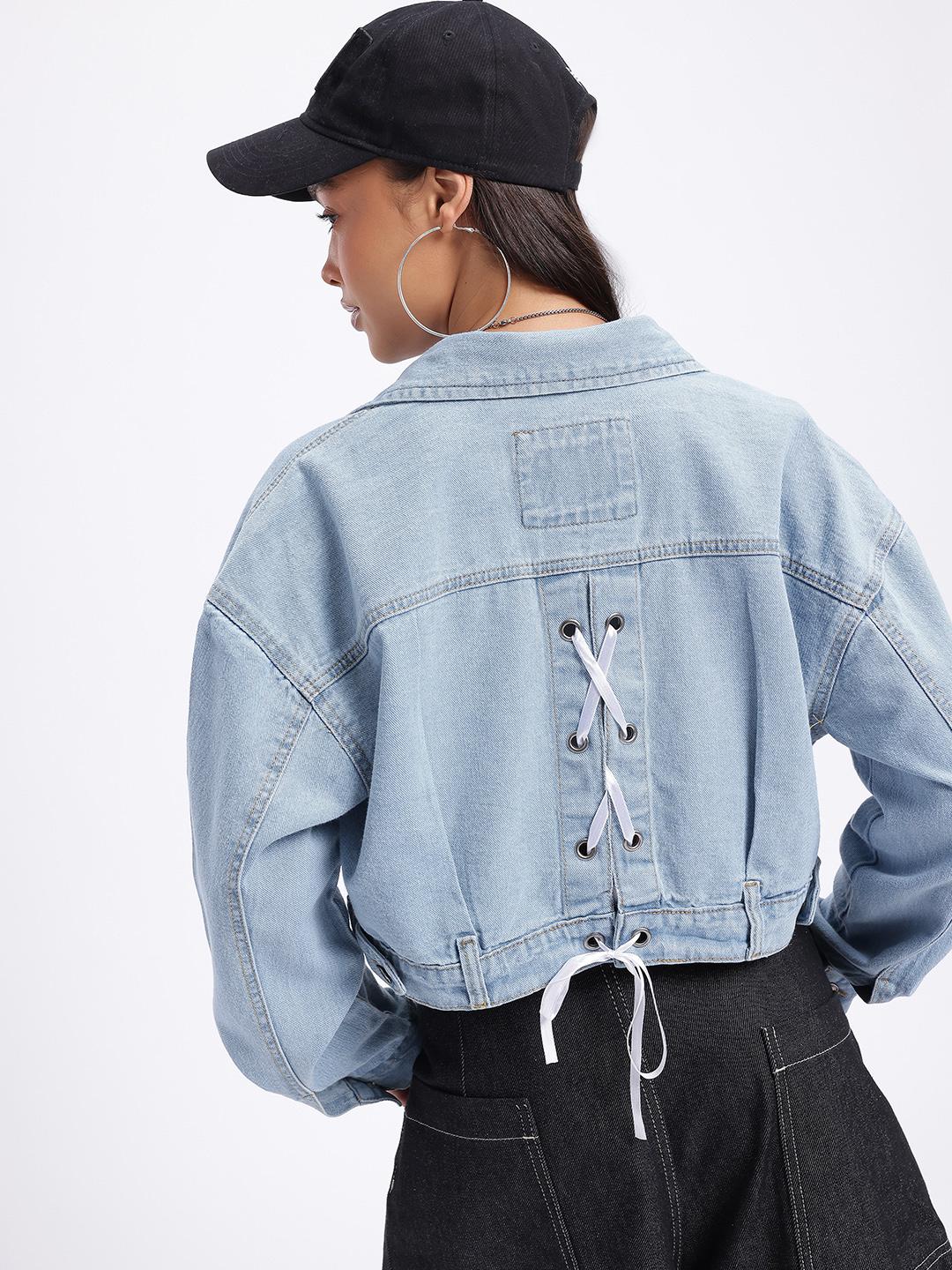 Buy glitchez Tie-Up Pure Cotton Drop-Shoulder Sleeves Crop Denim