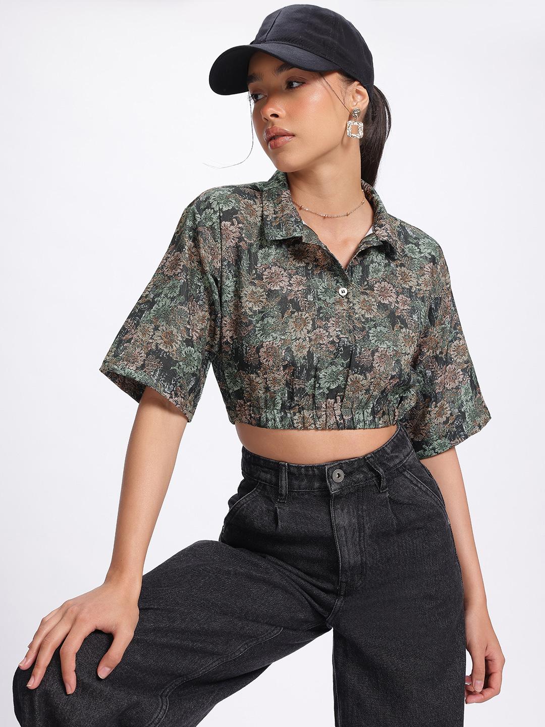 Buy glitchez Printed Shirt Style Cinched Waist Crop Top - Tops for