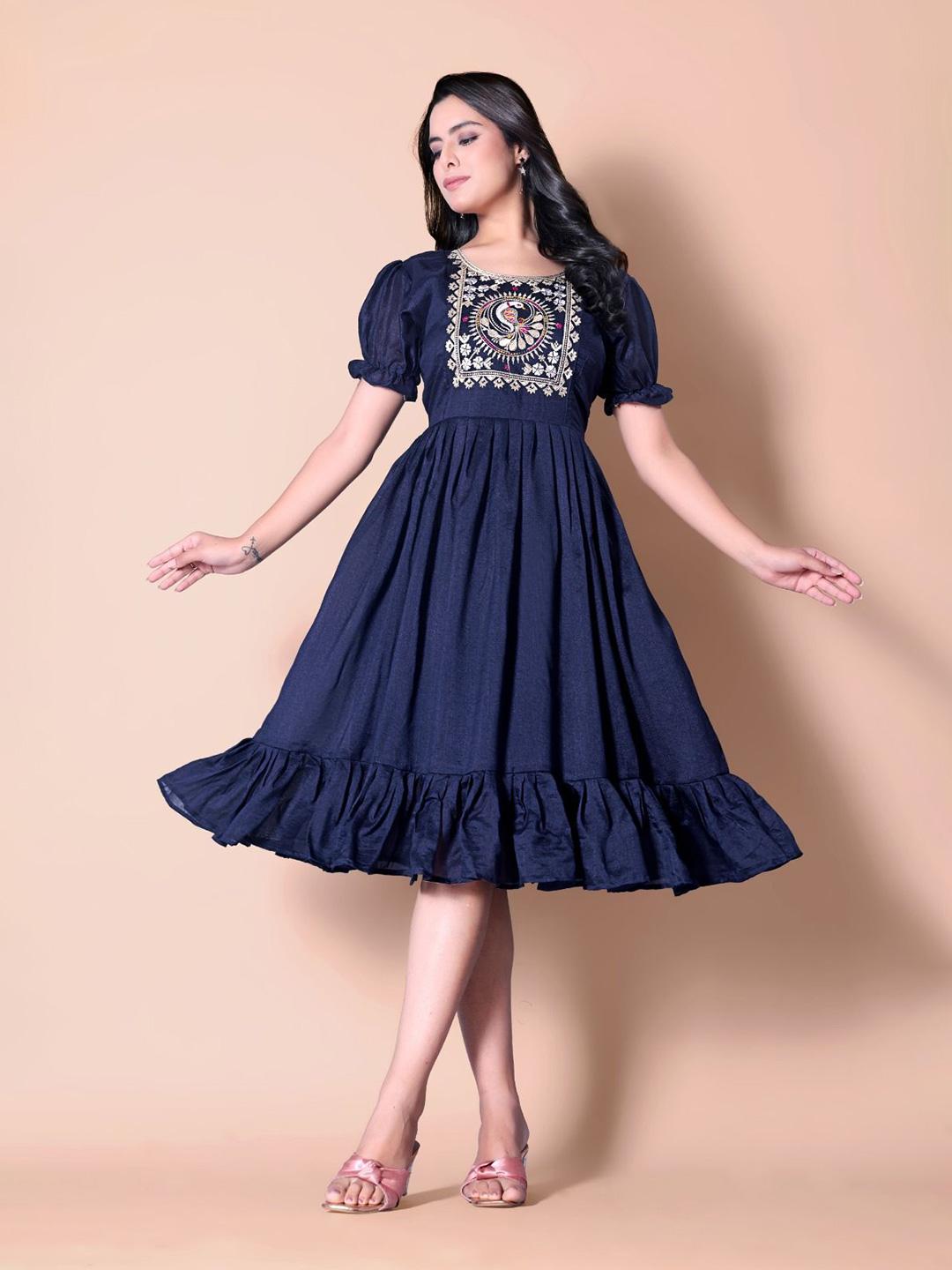 Buy Nautiful Embroidered Puff Sleeve Crepe Fit & Flare Maxi Dress
