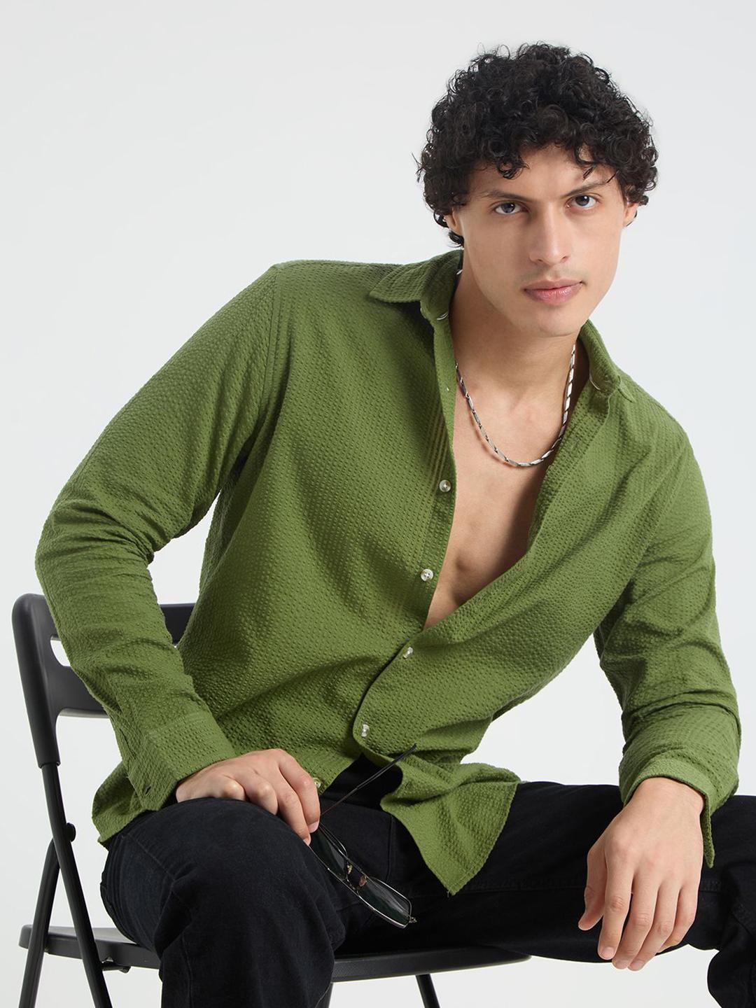 VASTRADO Men Slim Fit Textured Spread Collar Cotton Casual Shirt - Image 1