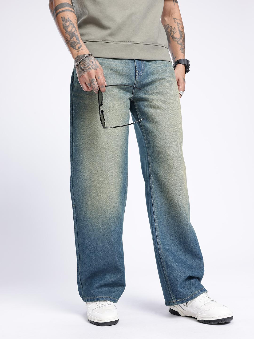 glitchez Men Heavy Fade Wide Leg Jeans