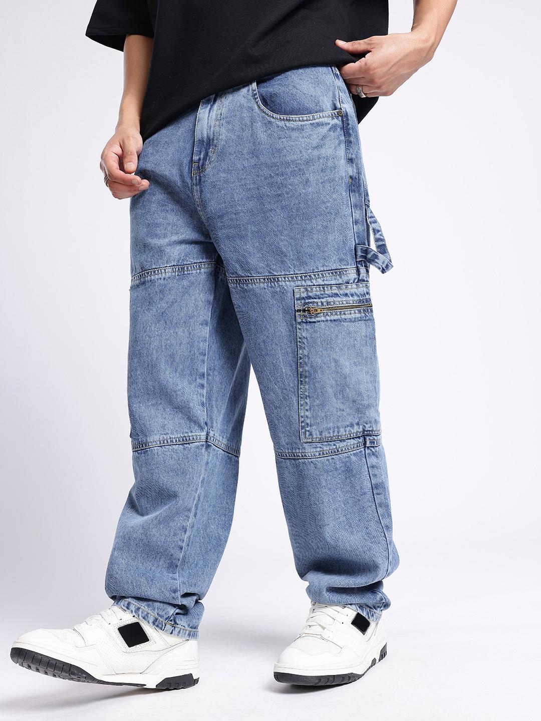 glitchez Men Boyfriend Fit Light Faded Cargo Jeans - Image 1