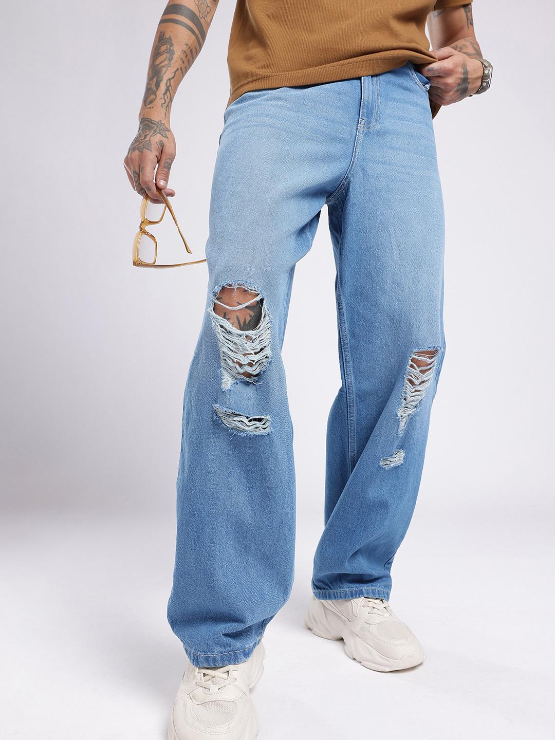 Buy glitchez Men Loose Baggy Fit Mildly Distressed Light Fade