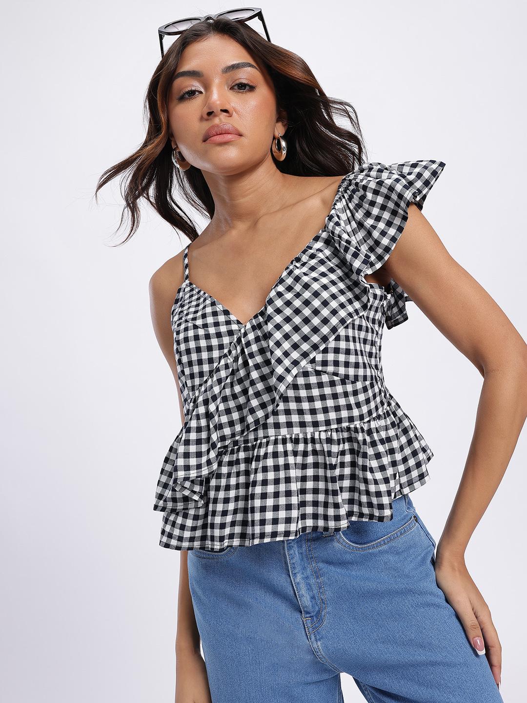 Buy glitchez Checked Flutter Sleeves Ruffled Detail Peplum Top