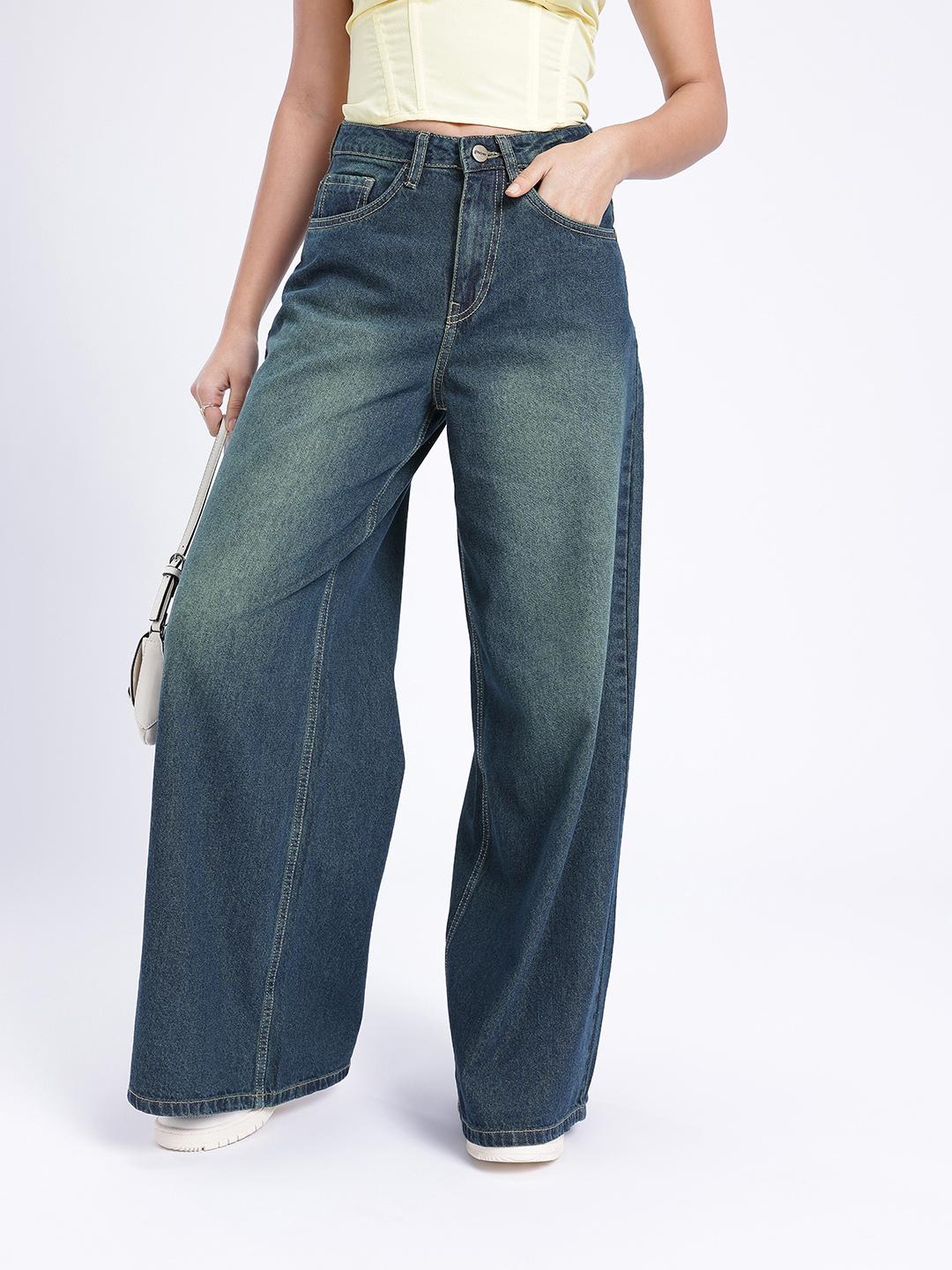 glitchez Women Heavy Fade Wide Leg Jeans - Image 1