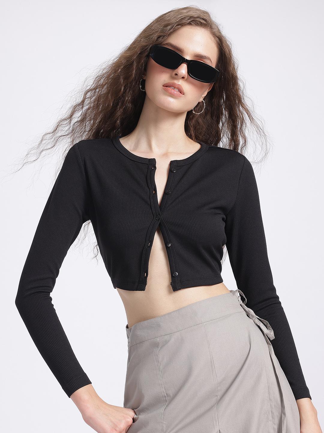 Buy glitchez Ribbed Glam Front-Open Crop Fitted Top - Tops for