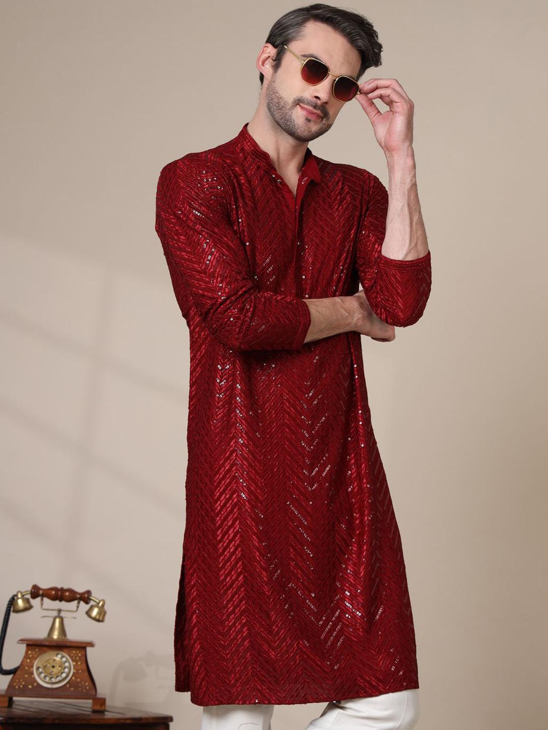 ADHIRAJAN Men Geometric Embroidered Chikankari Kurta - Image 1