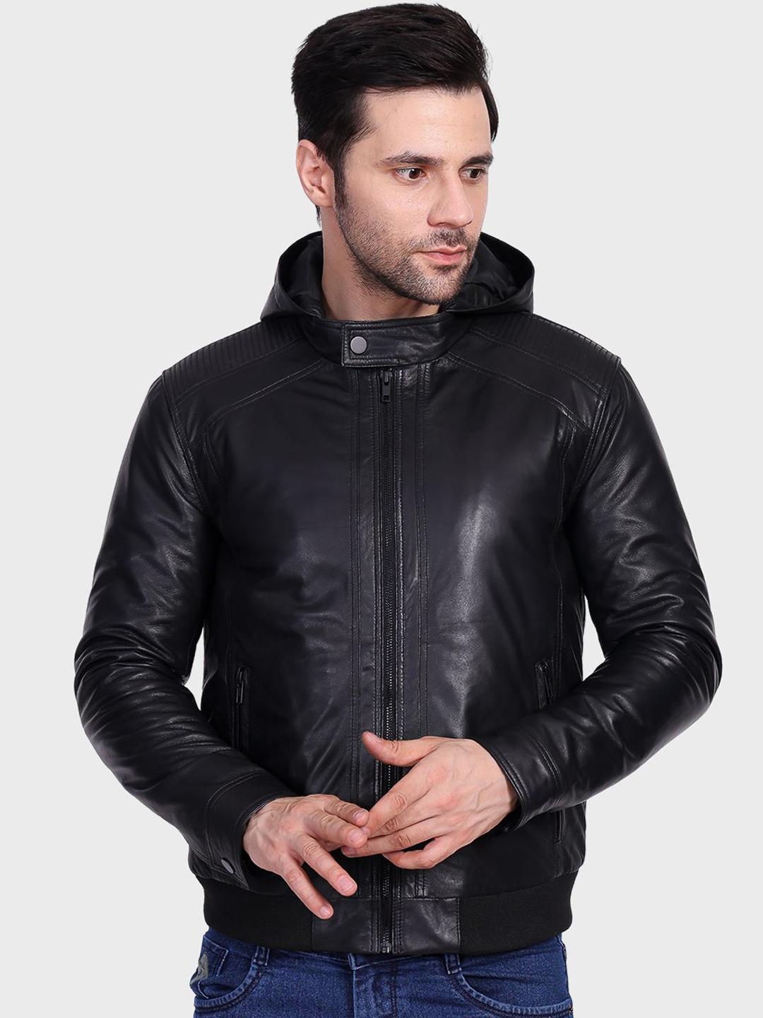 Buy Justanned Hooded Soft Solid Leather Jacket - Jackets for Men