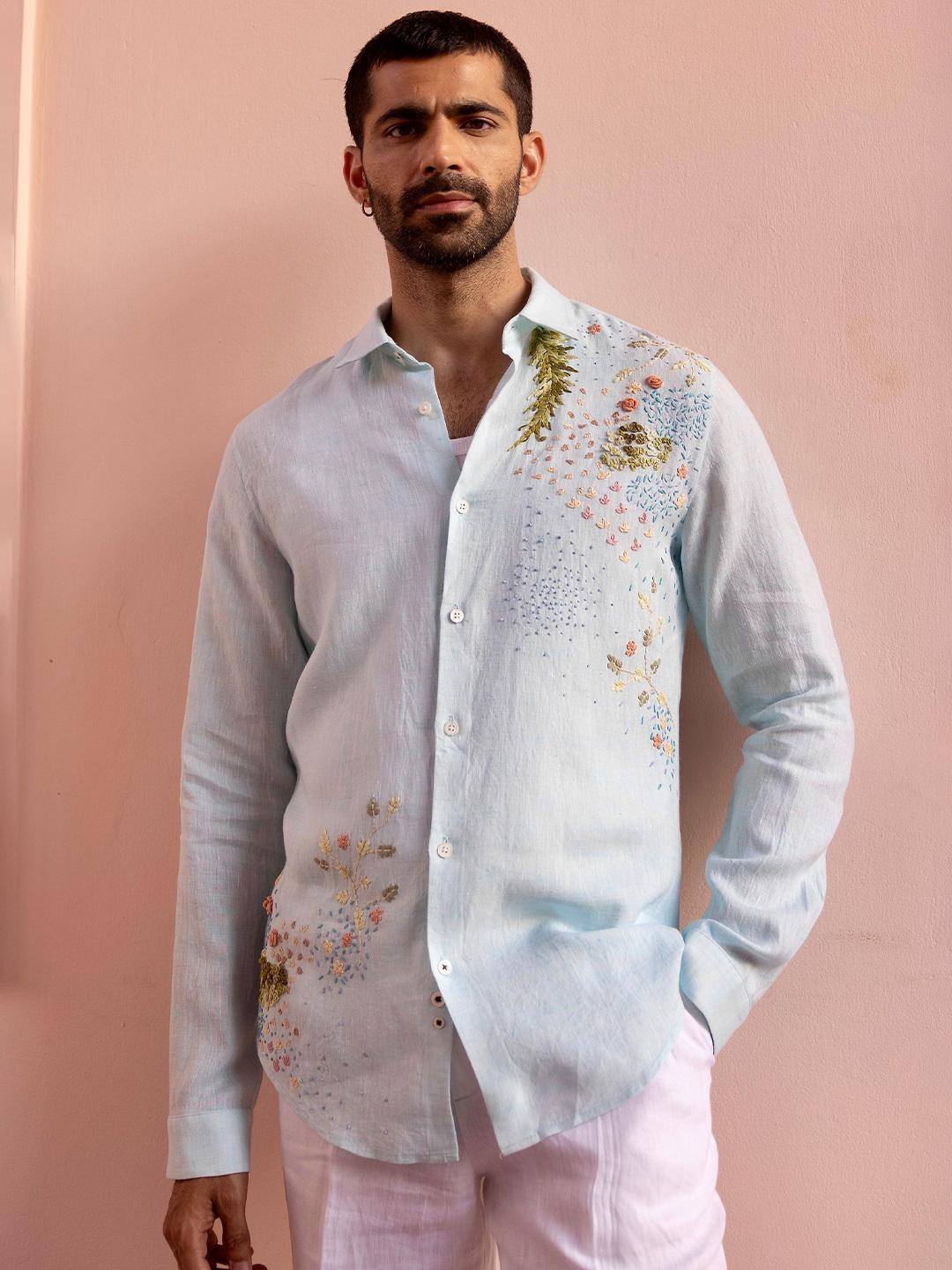 Buy ASUKA Spread Collar Embroidered Relaxed Fit Linen Shirt