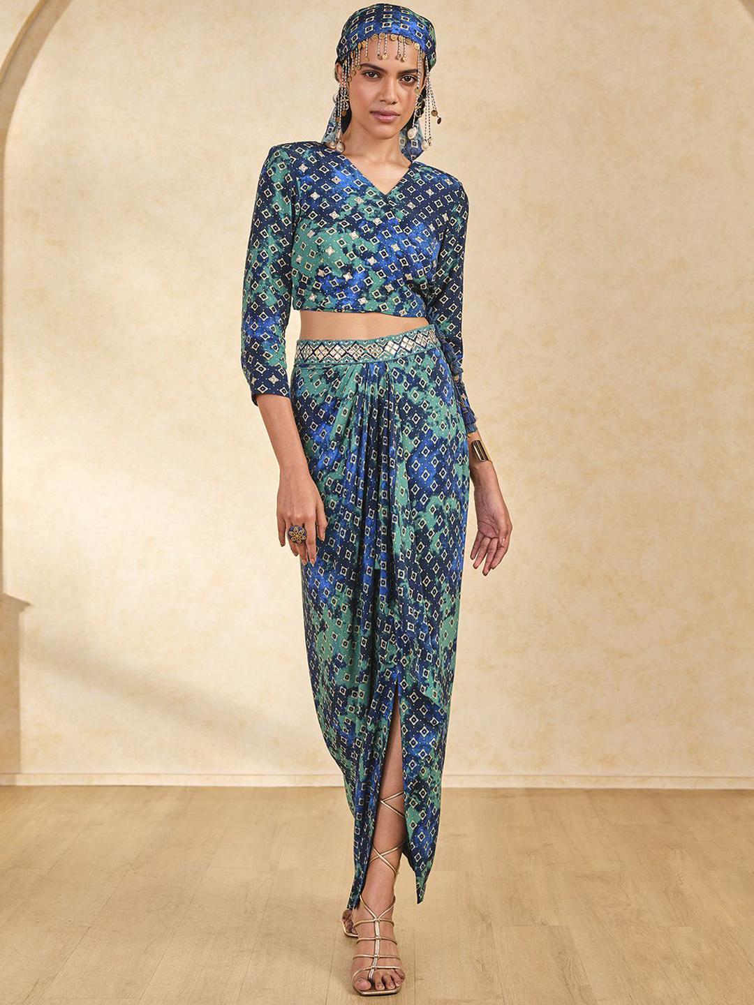 Global Desi Printed Top & Draped Skirt Co-Ord Set