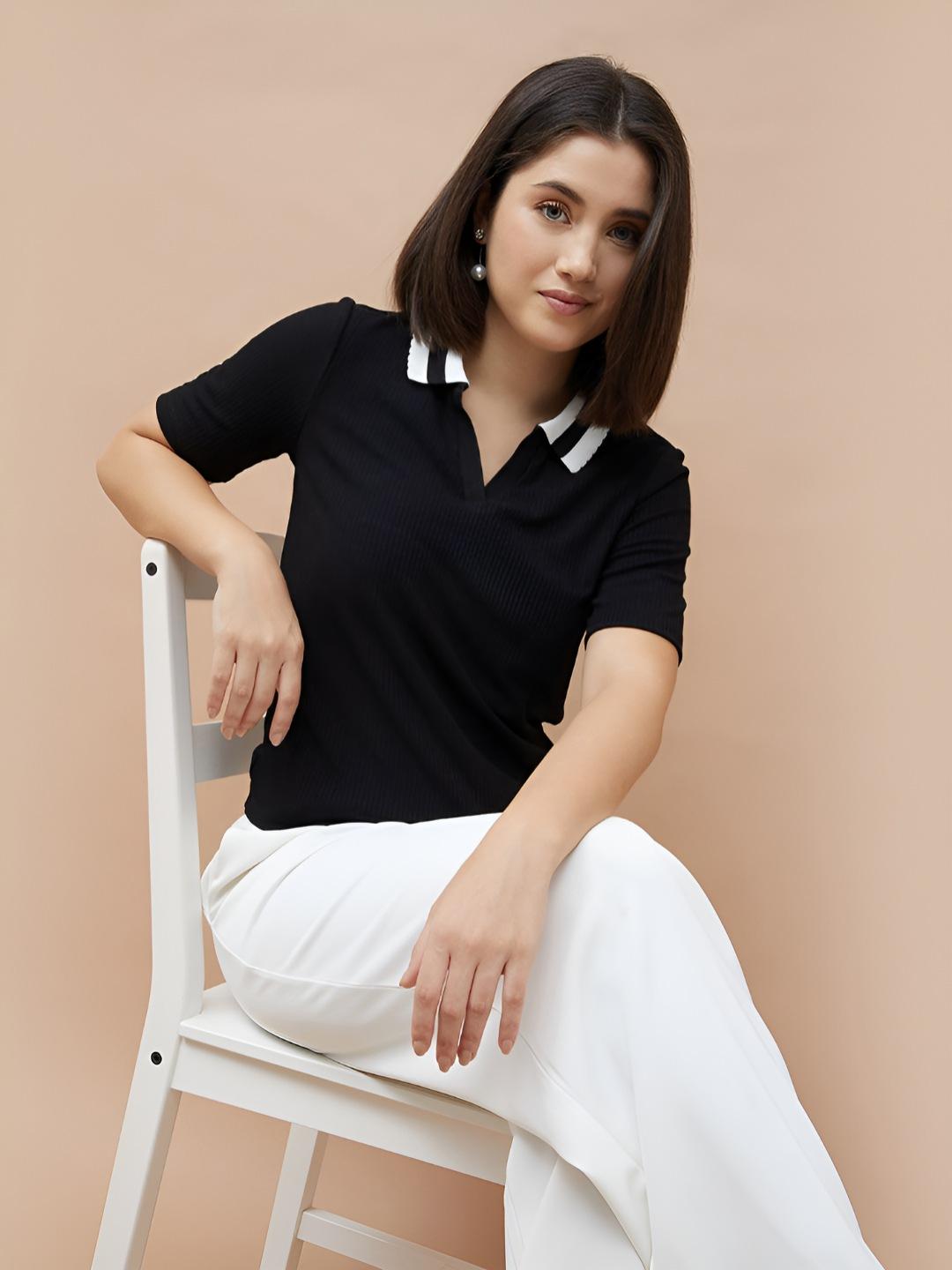 Buy CODE by Lifestyle WomenRibbed Slim Fit Johnny Collar T-shirt