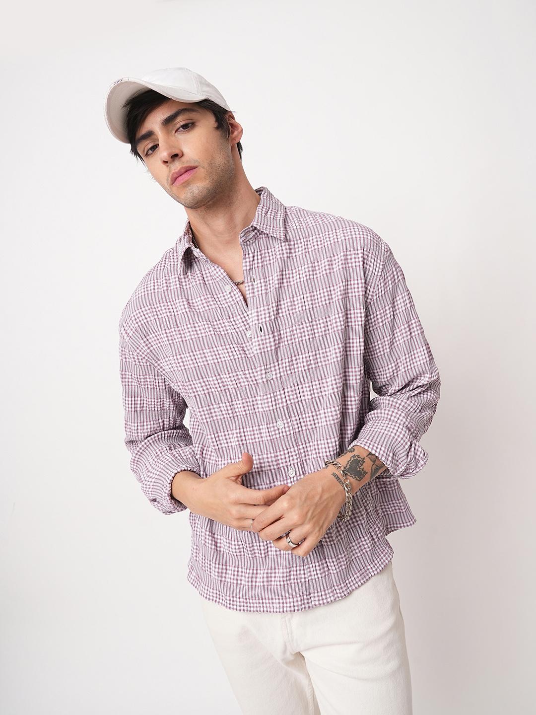 VASTRADO Lilac Seersucker Checked Polyester Long Sleeves Boxy Fit