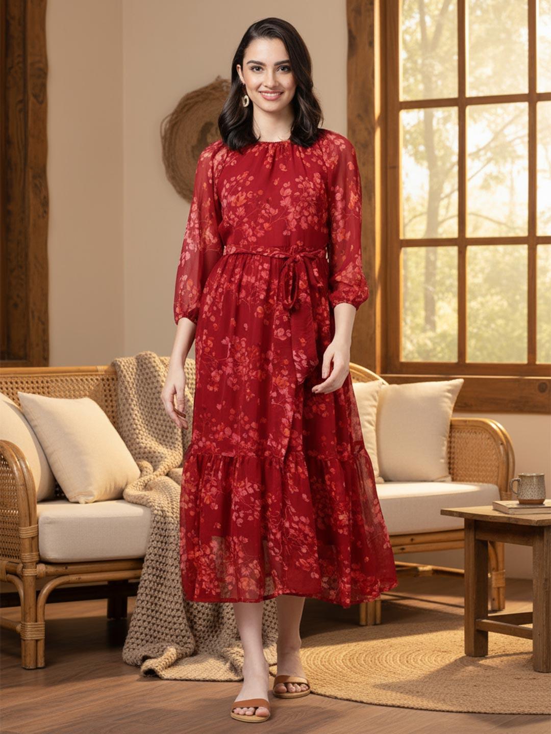 Buy Souchii Maroon Floral Layered Chiffon A-Line Midi Dress