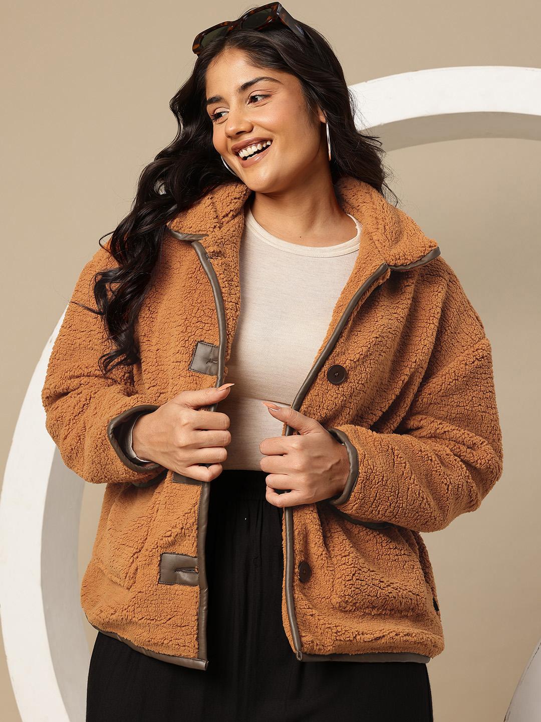 Buy Sztori Plus Size Spread Collar Sherpa Jacket - Jackets for