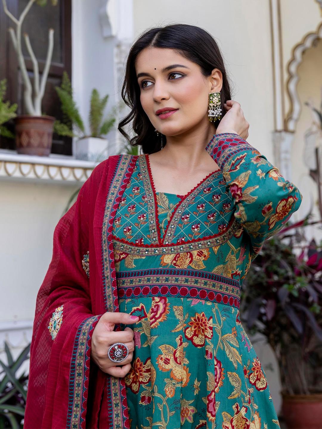Pistaa Floral Printed V-Neck Cotton Anarkali Kurta Set