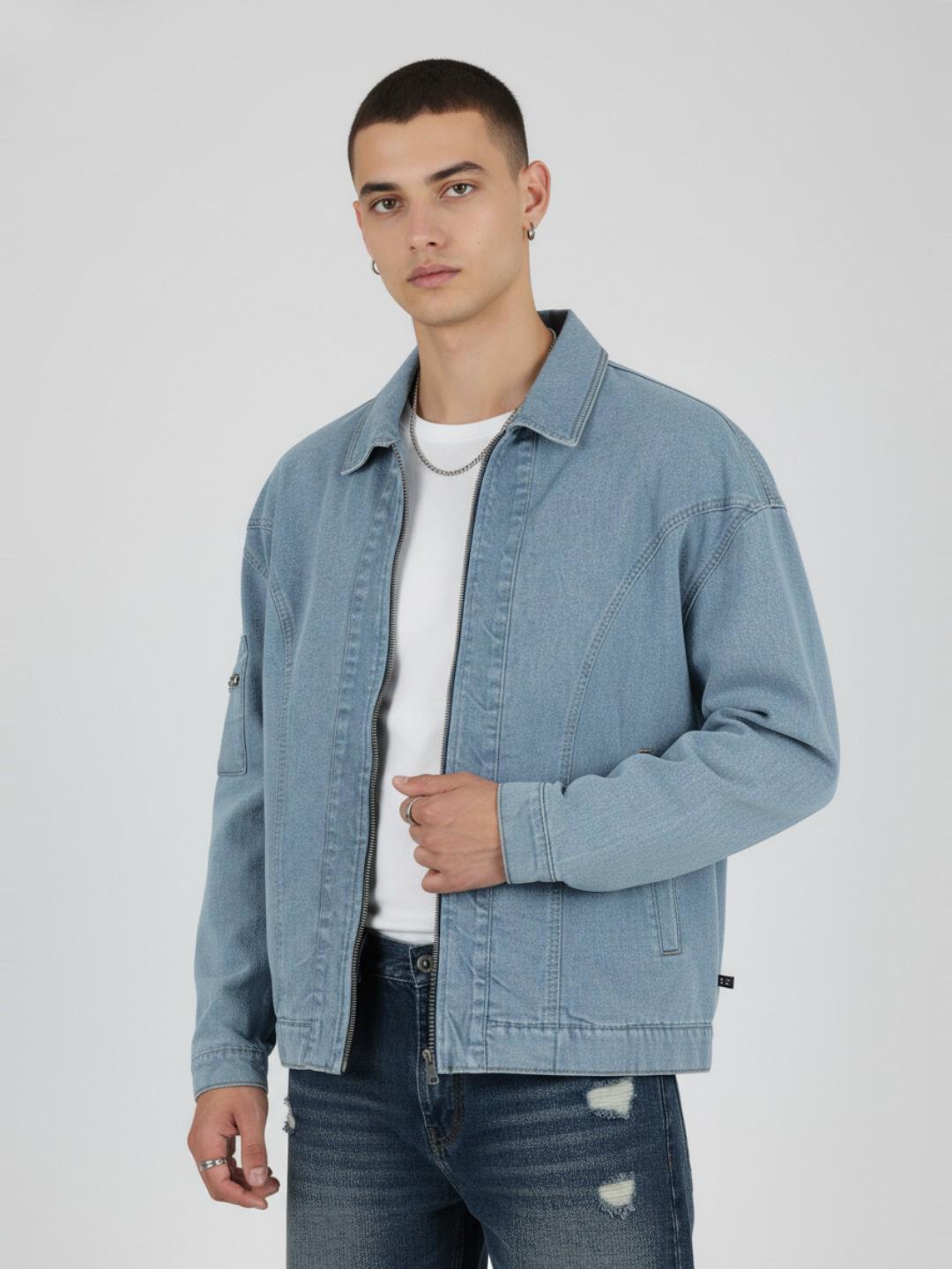 Buy glitchez Zip Closure Denim Jacket with Utility Pocket