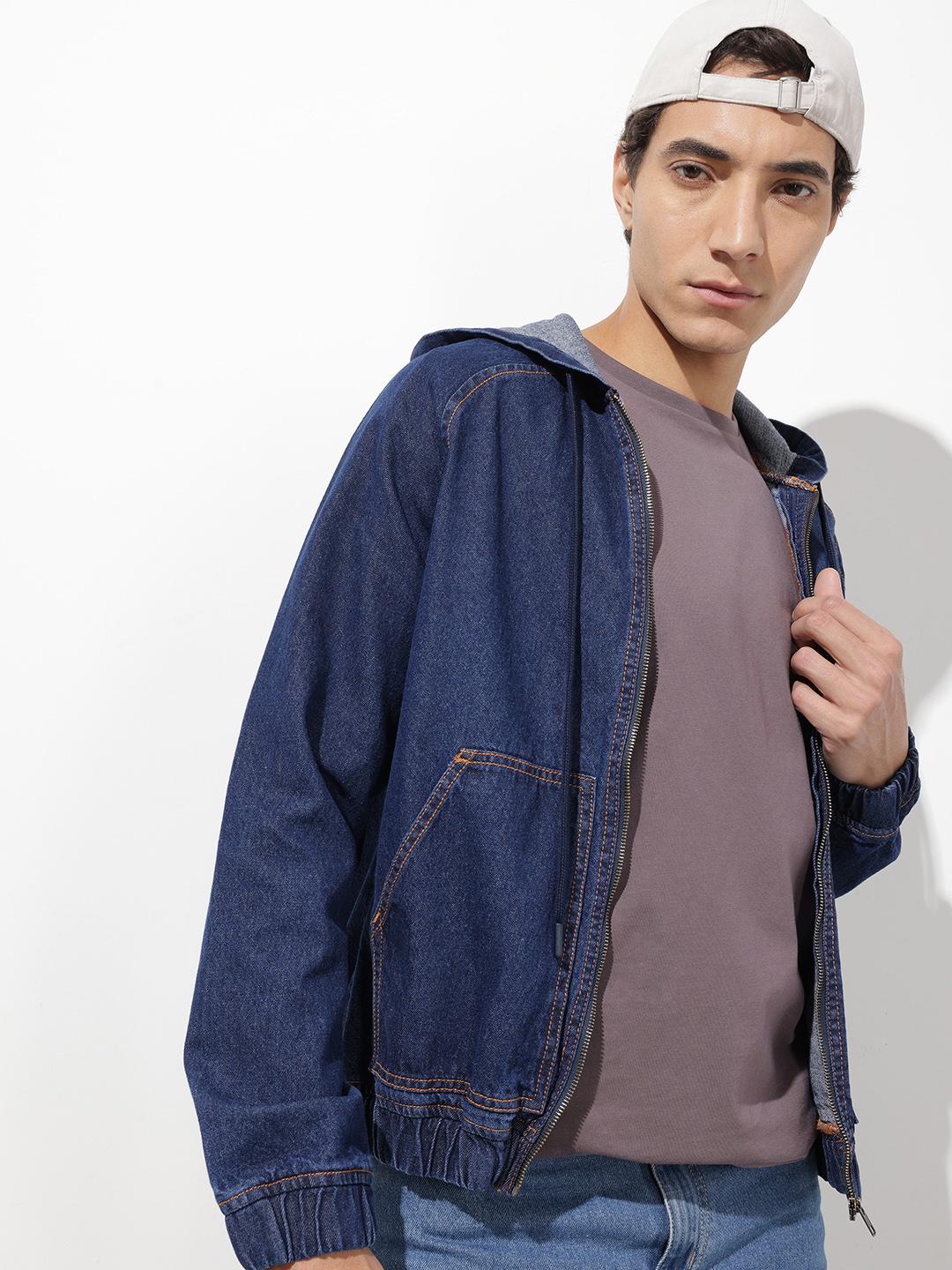 Roadster Typography Embroidered Hooded Denim Jacket Blue - Image 1