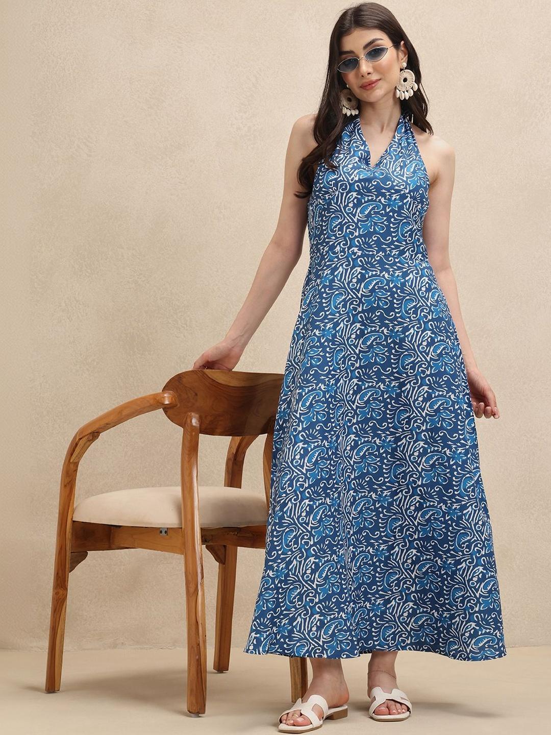Buy SZN Ethnic Motifs Print Halter Neck Fit & Flare Maxi Dress