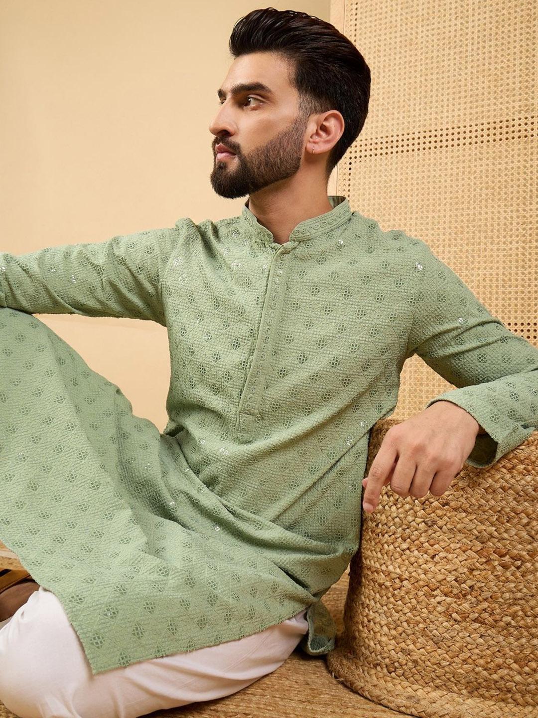 House of Pataudi Men Embroidered Straight Kurta & Trousers Kurta Sets - Image 1