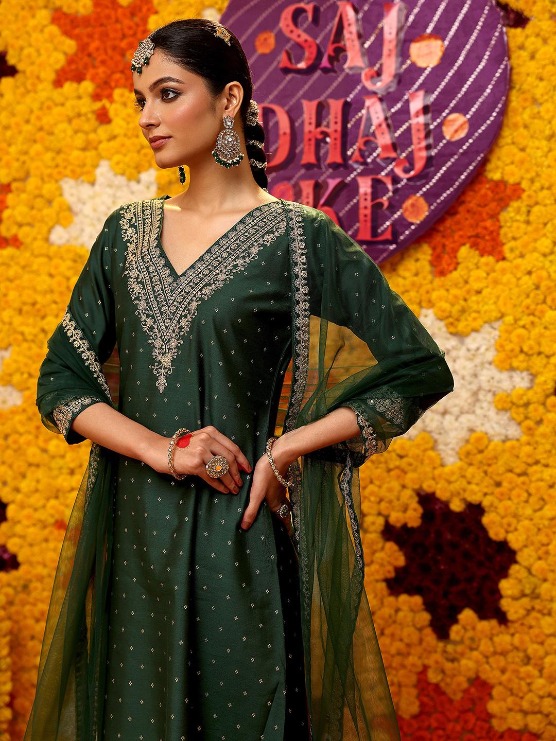Buy Libas Green Ethnic Motifs Woven Design Zari Chanderi Silk