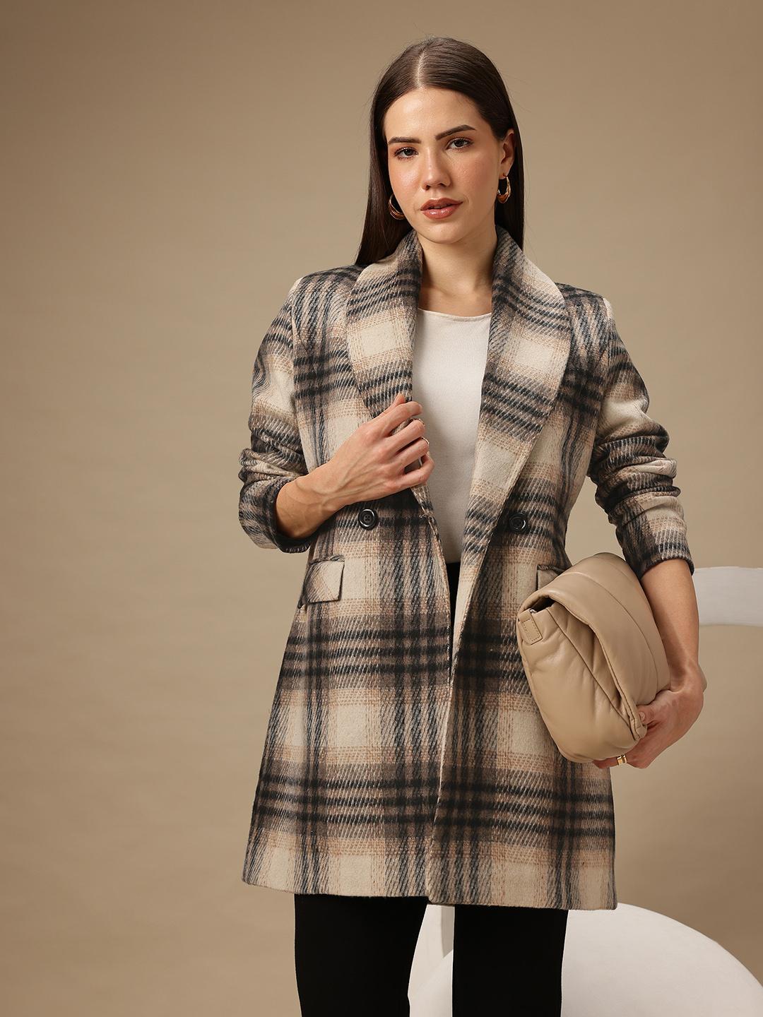 Buy Chemistry Checked Notched Lapel Collar Double-Breasted Flannel