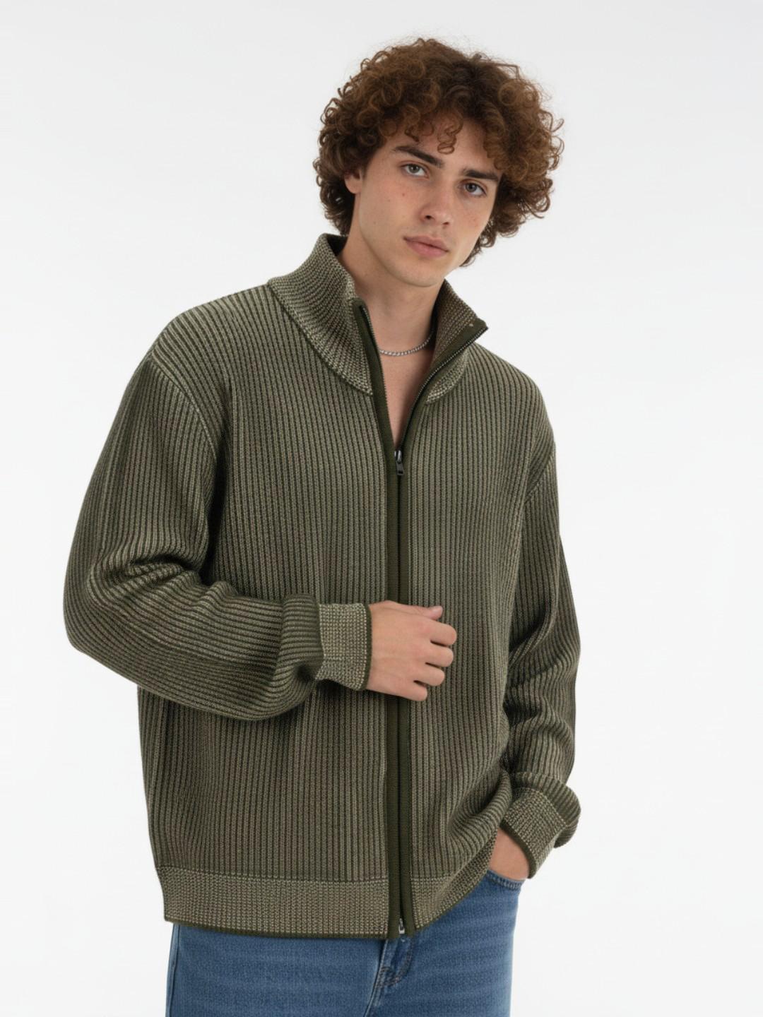 glitchez Self Striped Mock Collar Front-Open Sweater - Image 1