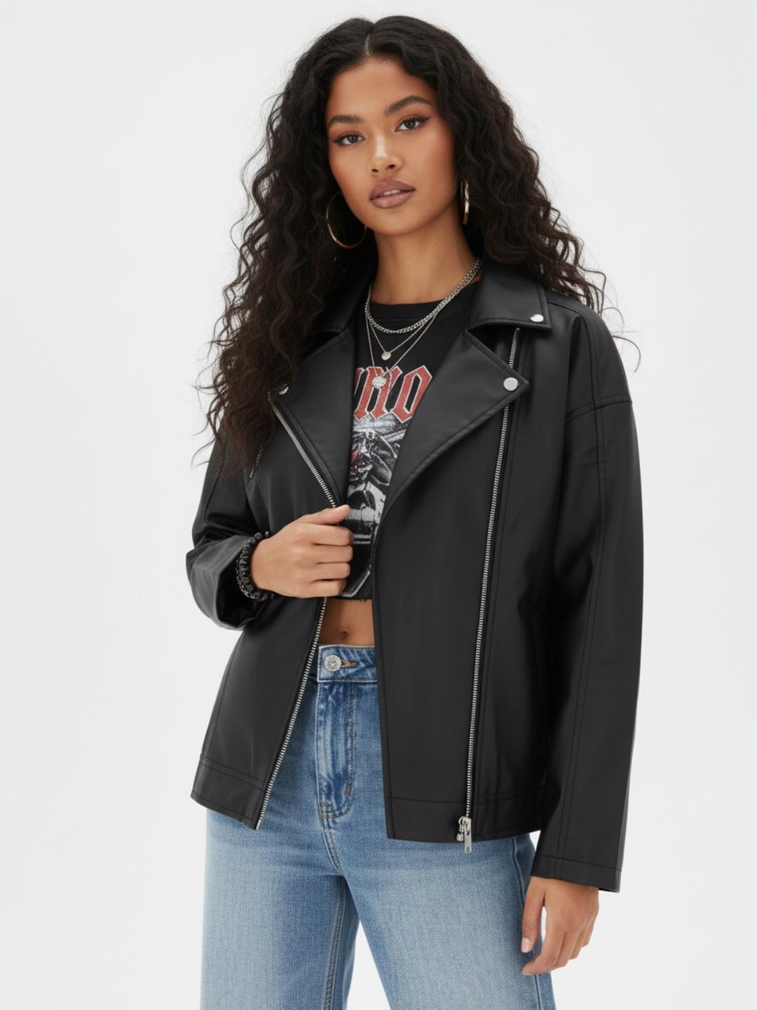 Buy glitchez Faux Leather Oversized Biker Jacket - Jackets for