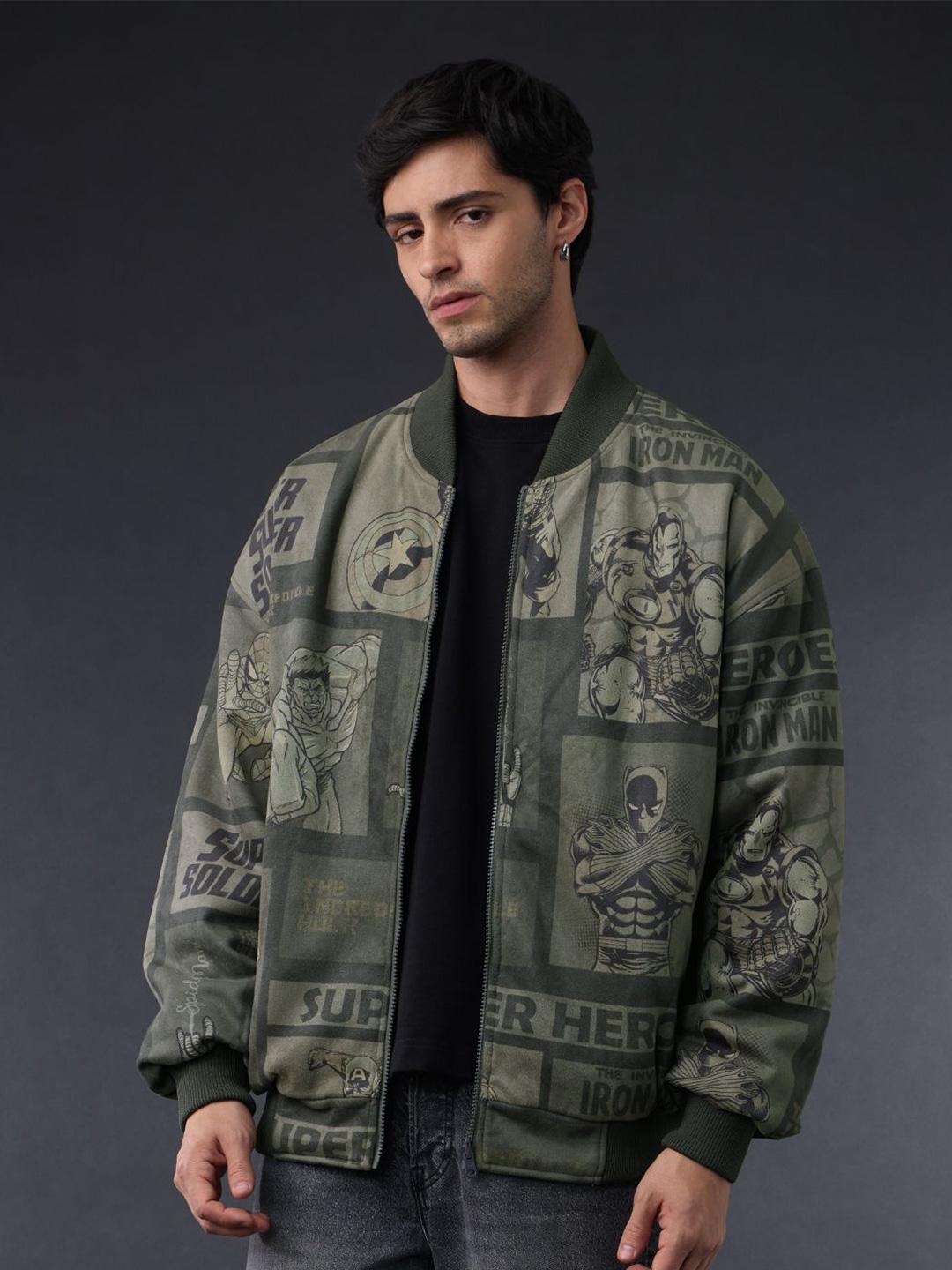 The Souled Store Men Regular Fit Marvel Printed Green Bomber Jacket