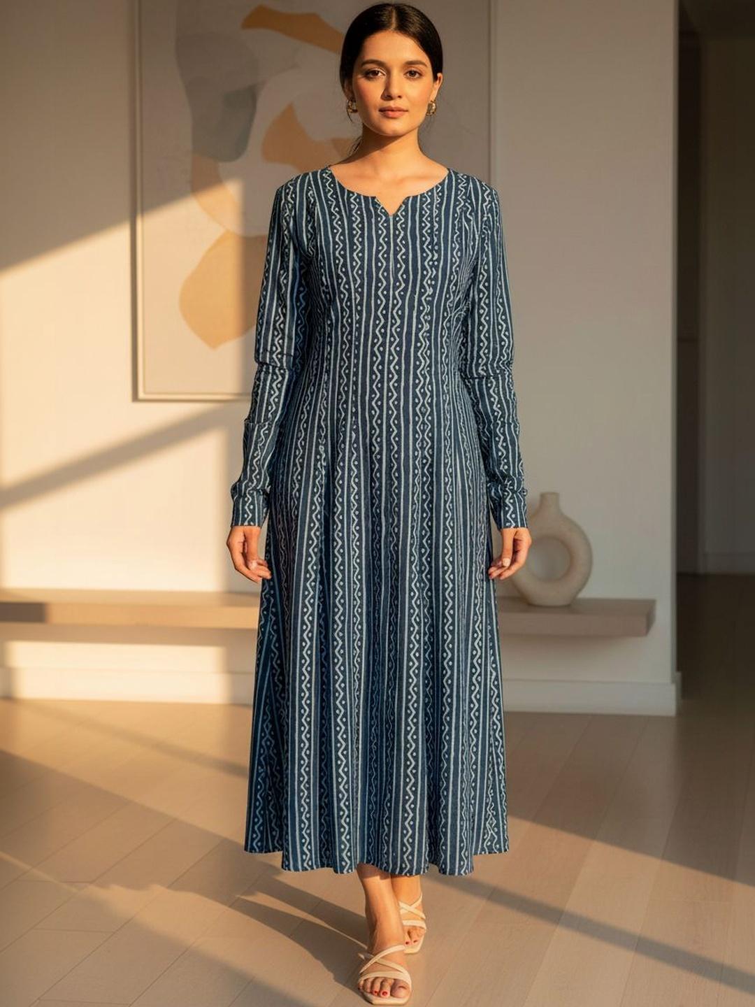 flipFabric Women Geometric Printed Indigo Anarkali Kurta Blue - Image 1