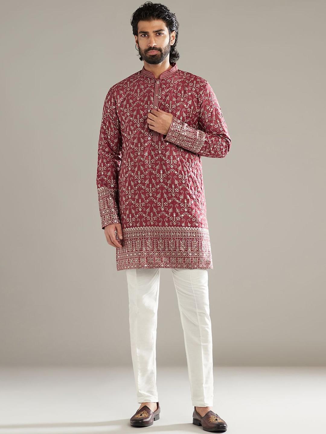 KALKI Fashion Men Ethnic Motifs Embroidered Kurta with Trousers