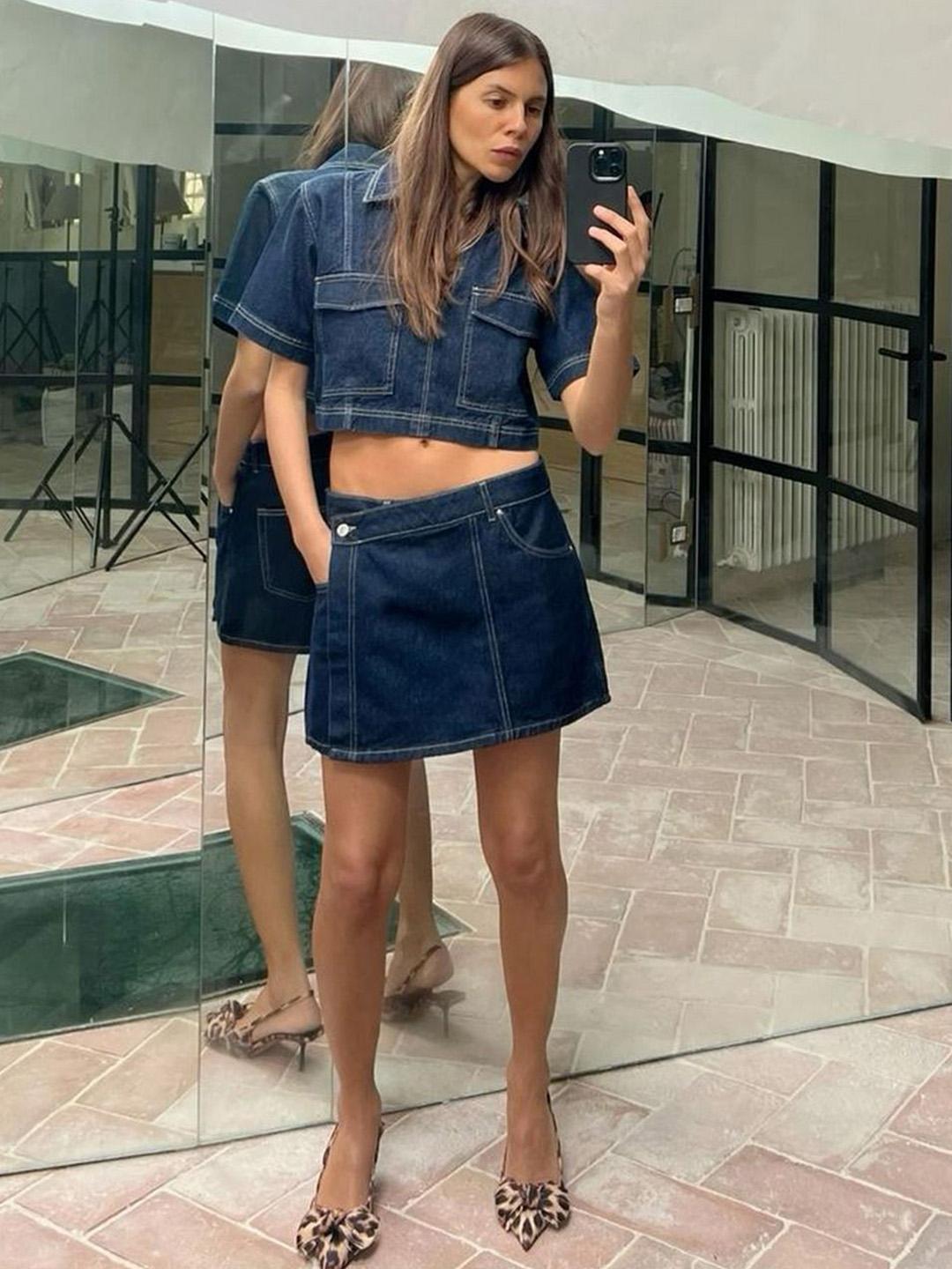 Buy bebe Shirt Collar Short Sleeves Crop Denim Top And Mini Skirt 